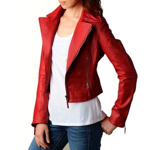 True Religion Red Leather Lambskin Moto Jacket